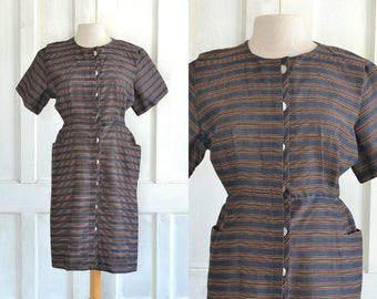 50s Striped Pocket Dress Button Down Dress - XXL Plus Size