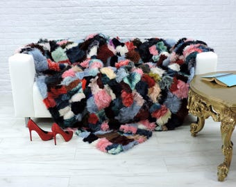 Amazing Tuscan lambskin fur throw blanket, mixed colours, 210cm x 210cm, i011