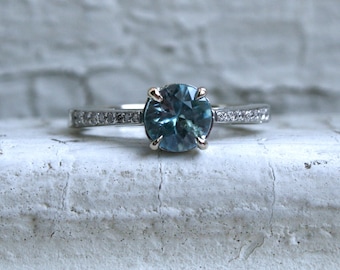 Pretty Vintage 14K White Gold Diamond and Blue Zircon Engagement Ring - 1.38ct.