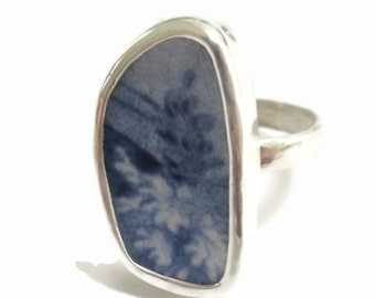 Broken China Jewelry, Floral, Sterling Silver, Blue Flower Ring, Chaney Statement Ring, Any Size, Repurposed, Broken Plate Jewelry