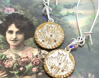 Tulips, 1800s BUTTON earrings, Victorian flowers on silver. Antique button jewellery.