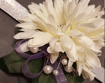White Silk Gerbera Wrist corsage with purple accents