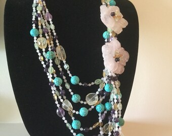 Vintage Turquoise Rose Quartz & Amethyst Floral Bead Layered Necklace
