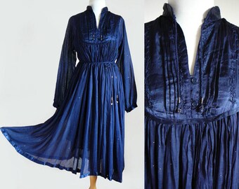 70's India Cotton Gauze & Satin Sheer Bohemian Pleated Caftan Ethnic Dress in Darkest Blue and Gold Metallic Flecks / Vintage Deadstock