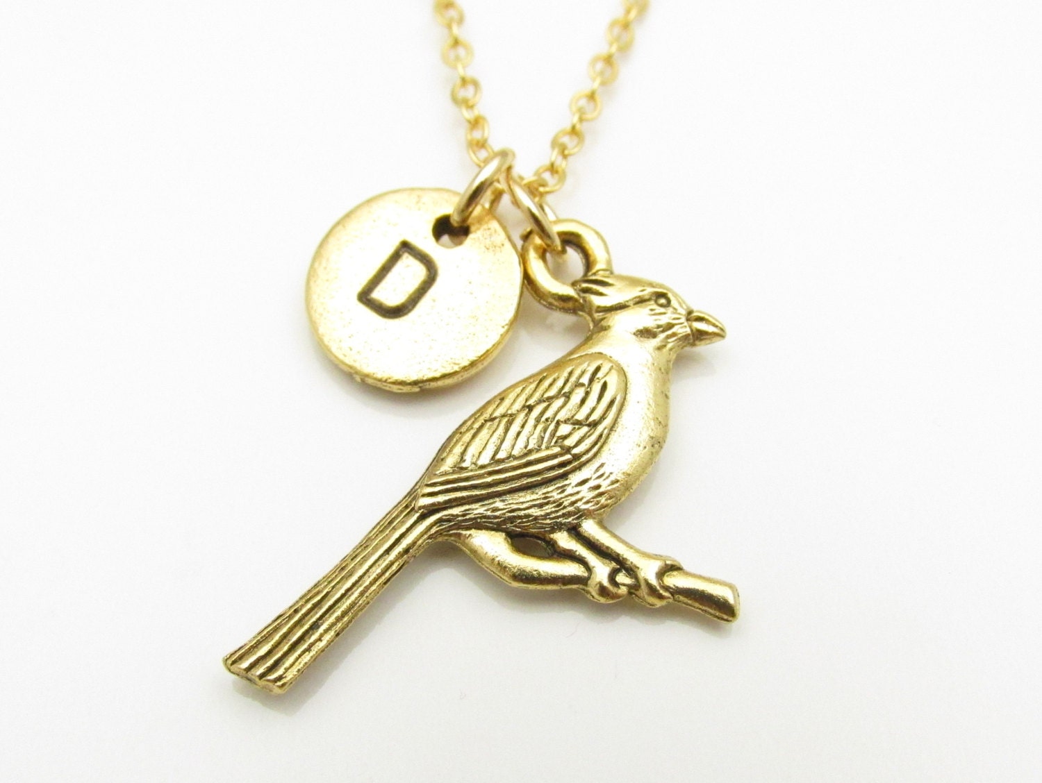 Bird Necklace Gold Cardinal Bird Charm Initial Necklace