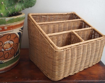 RATTAN DESK ORGANIZER // Vintage Woven Rattan Desk Organizer