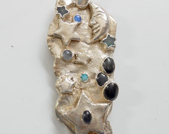 Fine Silver Celestial OOAK Pendant Wholesale .999 C and R Dandridge Moon Face Stars