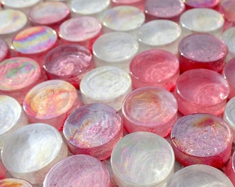 Pretty in Pink Glass Tiles - Round Crystal Mosaic Tiles in Shades of Shabby Pink - Some Glitter - 2 cm or .75 inch - 50 tiles Penny Rounds