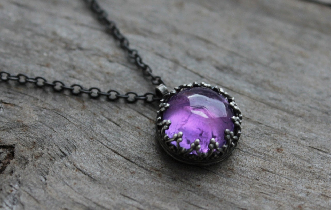dark purple amethyst gemstone pendant. antique sterling