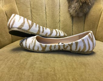 Glitter flats. Zebra ballet flats. Gold and white.