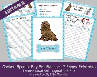 Cocker Spaniel Boy Pet Planner, Pet Care Records, Pet Information, Pet Kit, Printable, Pet Binder, Happy Planner Insert, Editable, PDF File