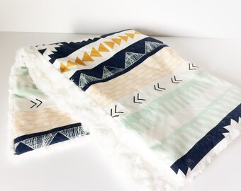 Baby Blanket - LOVEY Blanket / Aztec Baby Blankets / Minky Blanket / Neutral Nursery Blanket -READY to Ship