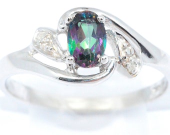 0.50 Ct Natural Mystic Topaz & Diamond Oval Ring Sterling Silver Rhodium Finish