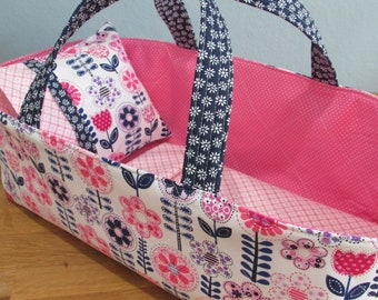 Doll Carrier, Pink and Navy Flowers with Pink Lining, 14 Inches Long, Doll Basket