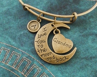 I Love You to the Moon and Back Bracelet Brass Grandma Bracelet Granddaughter Bangle Adjustable Bangle Expandable Bangle Personalized Bangle