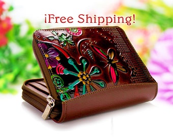 Wallet woman, zipper wallet, clutch wallet, leather woman wallets embossed and handpainted with beautiful figures and flowers