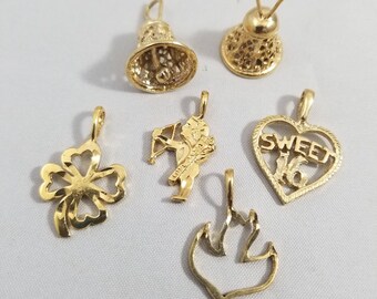 Gold Electroporated Charms 4 Leaf Clover, Cupid, Bell, Sweet 16, Dove or Holy Spirit