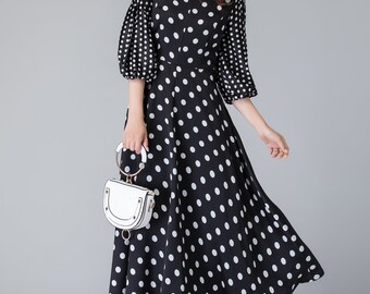 Black and white polka dot dress, retro womens dress, summer dress, party dress, formal maxi dress, puff sleeves dress, polyester dress 1901
