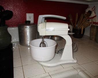 Vintage white Dormeyer mixer with milk glass mixing bowl and original beaters