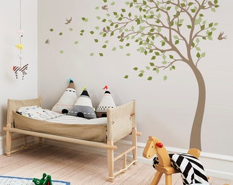 Tree in the wind with birds wall decal bending brown tree nursery wall sticker wall mural