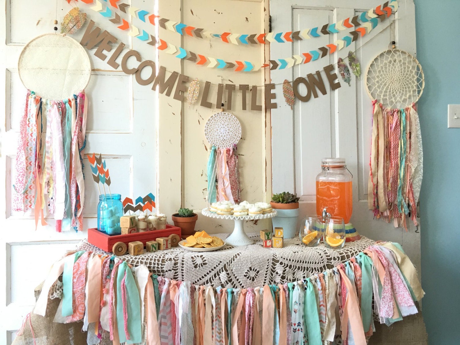 Welcome Little One Banner For Baby Shower. Boho Modern Baby