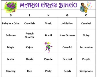 Mardi Gras Party Bingo Game (60 Cards) Carnivale Bingo Words -Kid Friendly Version Very Fun! Print and Play!