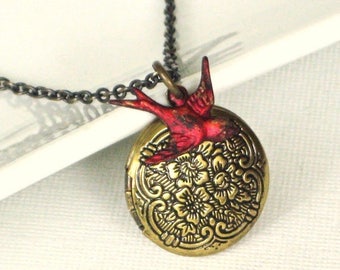 Red Bird Locket Necklace, Cardinal, Keepsake Jewelry