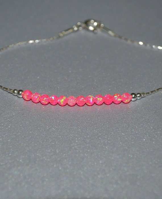 Pink Opal Bracelet, Tiny Opal Dot Bracelet, simple dainty coin/circle silver bracelet, minimalist horizontal bar bracelet, opal jewelry