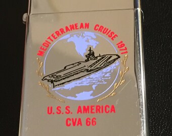 USS America Aircraft Carrier CVA-66 (1971 Med Cruise) Zippo Slim Lighter - Used 1969