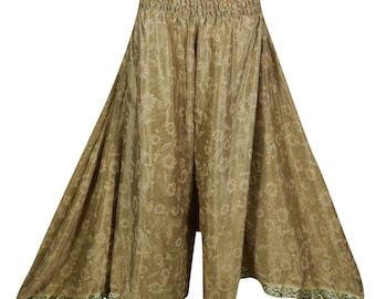 Olive Green Divided Long Skirt Vintage Upcycled Silk Sari Smocked High Waist Flare Wide Leg Pant Split Maxi Skirt S/M