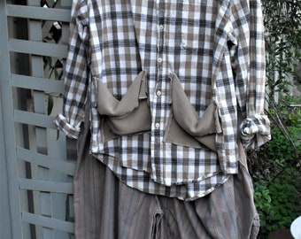 Baggy Bloomers/ Funky, Faded, Grunge/ Weaver's Cloth Plaid Shirt/ Thrifted And Reclaimed Fabrics/ 2 Pc Casual Funwear/ Sheerfab Handmade