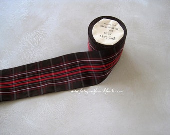 Vintage Français rayonne ruban brun, rouge & blanc vérifier 7.5cms ou 3" large