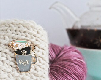 Sip Sip Knit - Gold Plated Hard Enamel Pin Knitters Flair
