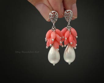 Pearl Cluster Earrings White Pearl Earrings Drop Pearl Jewelry Art Nouveau Earrings Festival Earrings Artisan Earrings Coral Earrings