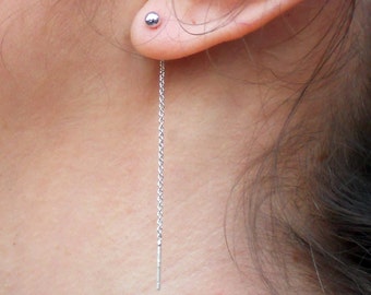 Short Threader Earrings, Tiny Ball Sterling Silver Ear Thread Earrings 2", Minimal Earrings, Dangle Earrings, Pull Through Chain Earrings