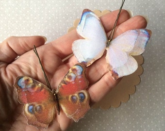 Handmade Butterfly (Morpho Sulkowski and Inachis Io) Hair Bobby Pins in Cotton and Silk Organza Fabric - 2 pieces