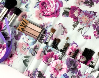 Makeup Brush Roll - Makeup Brush Holder Travel - Makeup Brush Organizer - Brush Roll Up - Makeup Roll Case - Floral Makeup Case