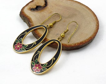 Vintage Cloisonne Earrings, Red Flower Earrings, Cloisonne Flower Earrings, Oval Enamel Earrings, Pierced Earrings, Gold Tone