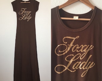 vintage 70's FOXY LADY brown maxi t-shirt dress - small