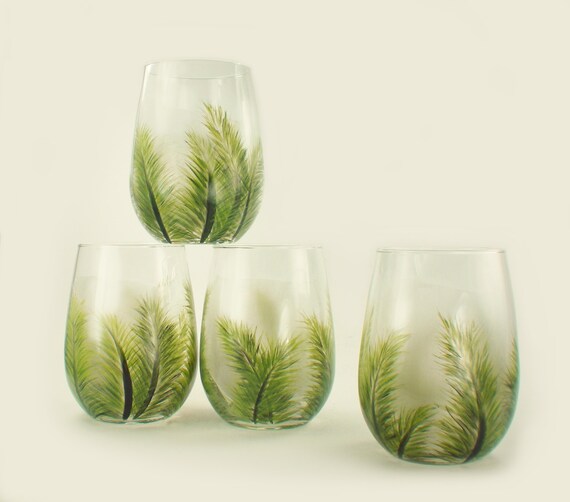 Items similar to Hand Painted Stemless Wine Glasses Green Ferns Botanical, Set of 4
