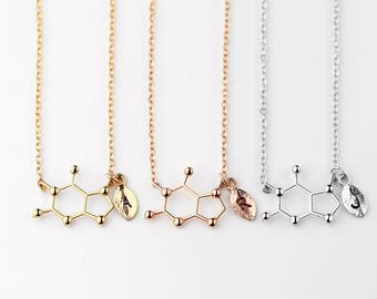 Caffeine Molecule Pendant Initial Necklace Personalized Coffee Lover Necklace Gift Chemistry Necklace Custom Hand Stamped - MCN-L