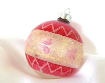 Vintage Red and Silver Christmas Ornament with Pink and Yellow Hearts, USA Ornament