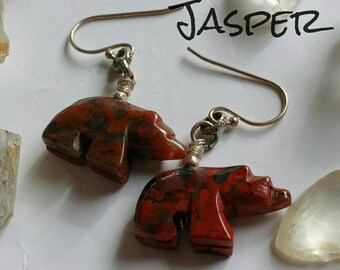 Natural Red Jasper hand carved Walking Bear Earrings