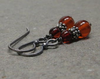 Amber Earrings Orange Gemstones Oxidized Sterling Silver Earrings Amber Beads
