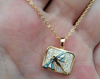 Dragonfly pendant necklace enamelled gold tone fairy pendant tiffany blue colour