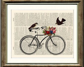 Birds on a Bicycle - Upcycled vintage book page print on a page from a late 1800s Dictionary Buy 3 get 1 FREE