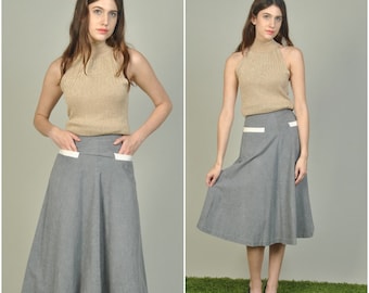 1940s Gray Cotton Skirt with White Pockets | vintage 1940s skirt | gray 1940s cotton skirt