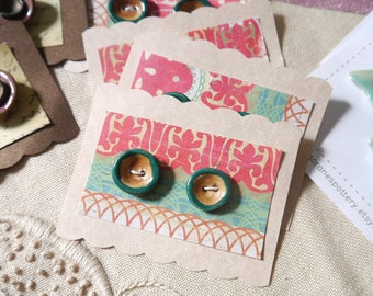 Teal Green and Brown Buttons, Set of 2 Small Round in Ceramic Porcelain Clay
