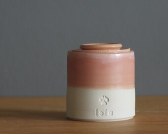pet urn. lidded customized urn with name and stamp. urn for pet ashes or human cremains. pink rhubarb glaze on porcelain clay shown.