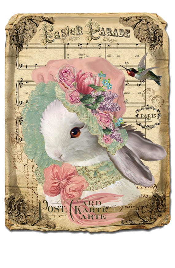 Vintage Shabby EASTER PARADE Easter Bunny Large Image Instant